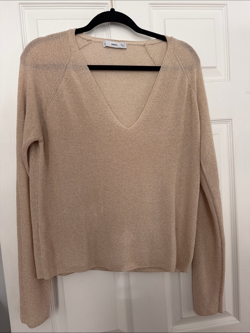 MANGO Women's V-Neck Lightweight Knit Sweater in Metallic Gild